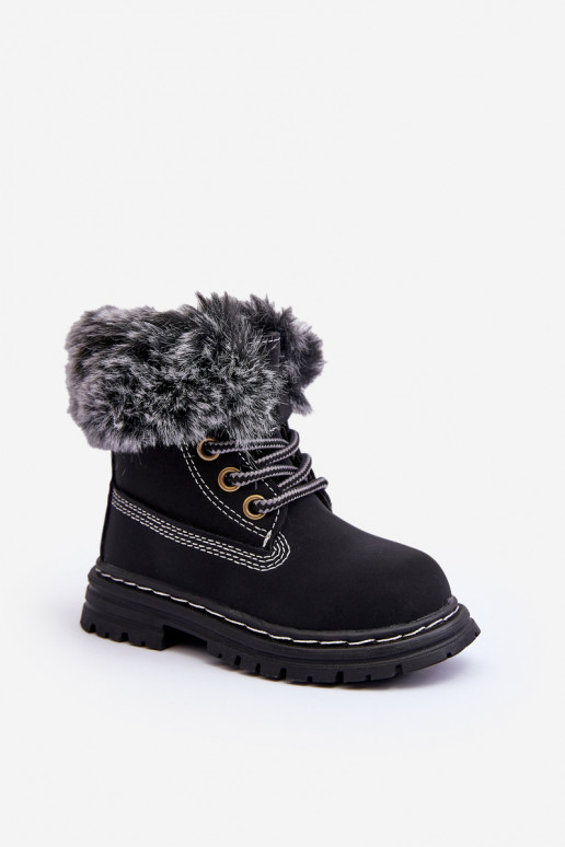 Botas infantiles con cordones y cremalleras con pelo en color negro Gerande