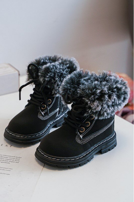 Botas infantiles con cordones y cremalleras con pelo en color negro Gerande