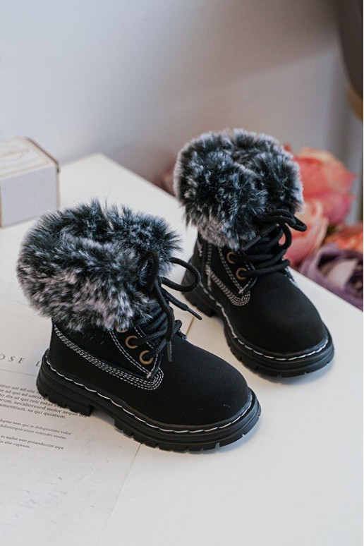 Botas infantiles con cordones y cremalleras con pelo en color negro Gerande