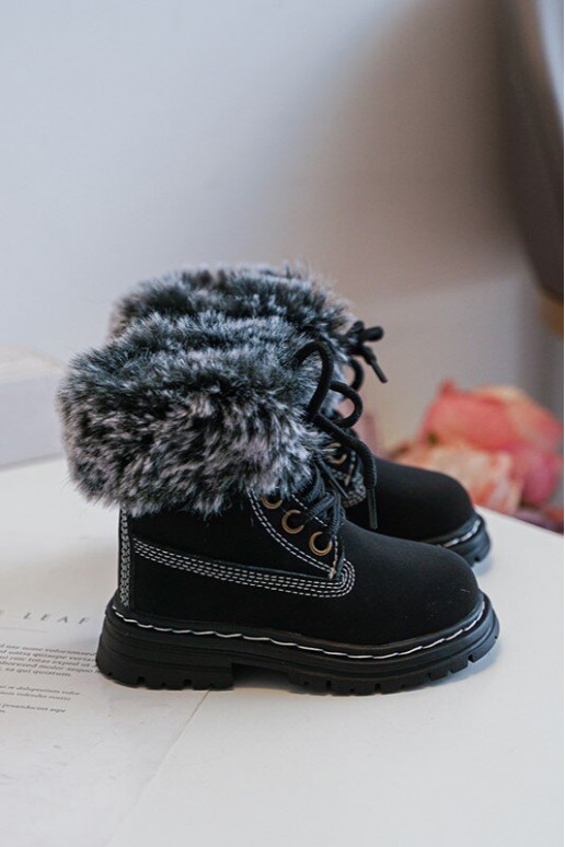 Botas infantiles con cordones y cremalleras con pelo en color negro Gerande