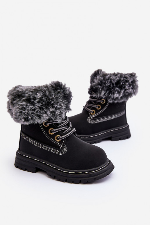 Botas infantiles con cordones y cremalleras con pelo en color negro Gerande