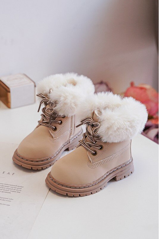 Botas infantiles con cordones y cremalleras con pelo en color beige Gerande Botas infantiles con cordones y cremalleras con pelo en color beige Gerande
