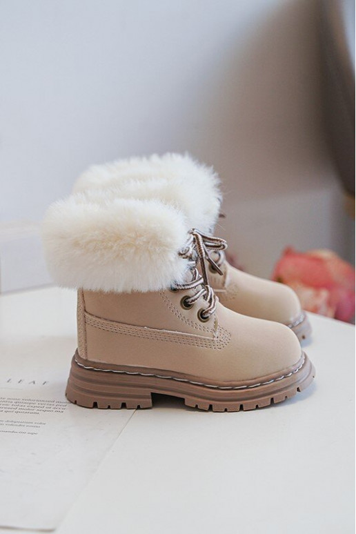 Botas infantiles con cordones y cremalleras con pelo en color beige Gerande Botas infantiles con cordones y cremalleras con pelo en color beige Gerande