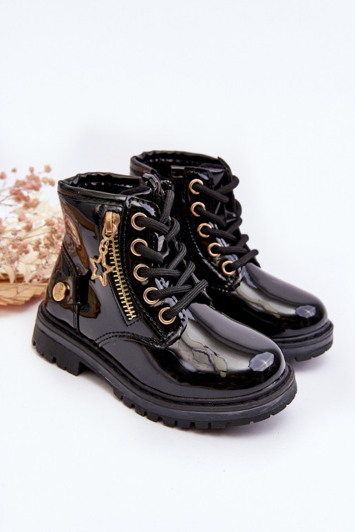 Botas Infantiles efecto barniz con cremalleras calentadas color negro Felori