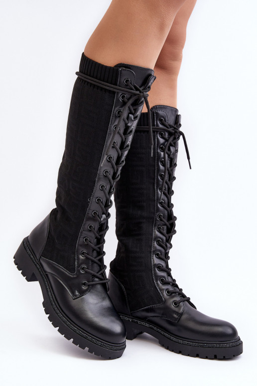Botas de mujer con cordones y elástico en la parte superior en color negro Virxinia