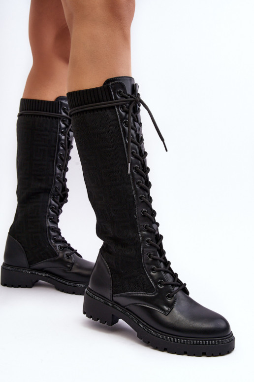 Botas de mujer con cordones y elástico en la parte superior en color negro Virxinia