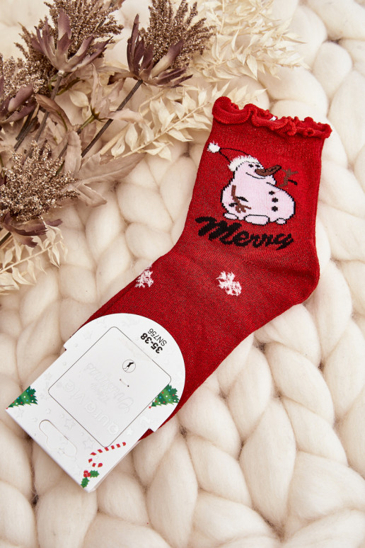 Calcetines navideños brillantes con muñecos de nieve en rojo