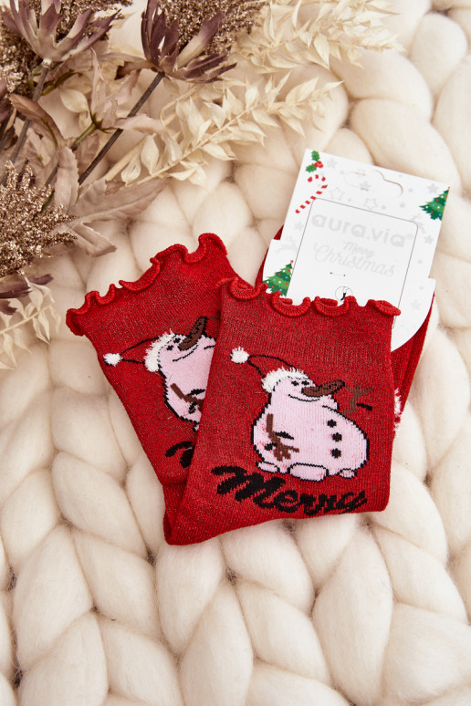 Calcetines navideños brillantes con muñecos de nieve en rojo