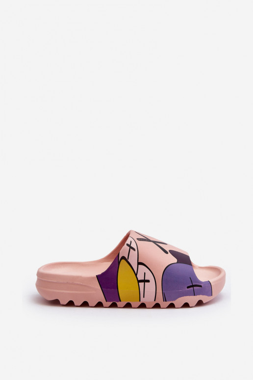 Zapatillas de goma con monstruos rosas.