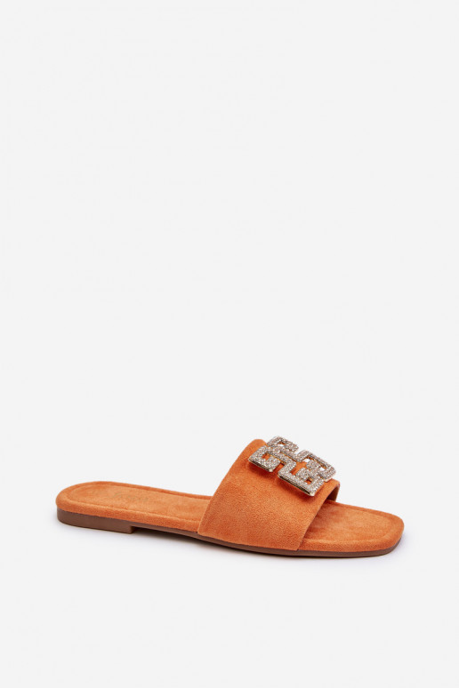 Zapatillas de casa de mujer con tacón ancho y adornos en color naranja Inaile