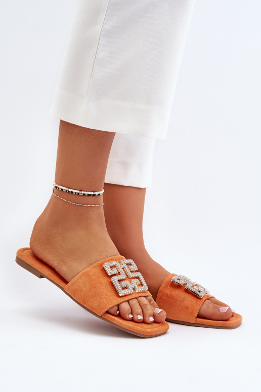 Zapatillas de casa de mujer con tacón ancho y adornos en color naranja Inaile
