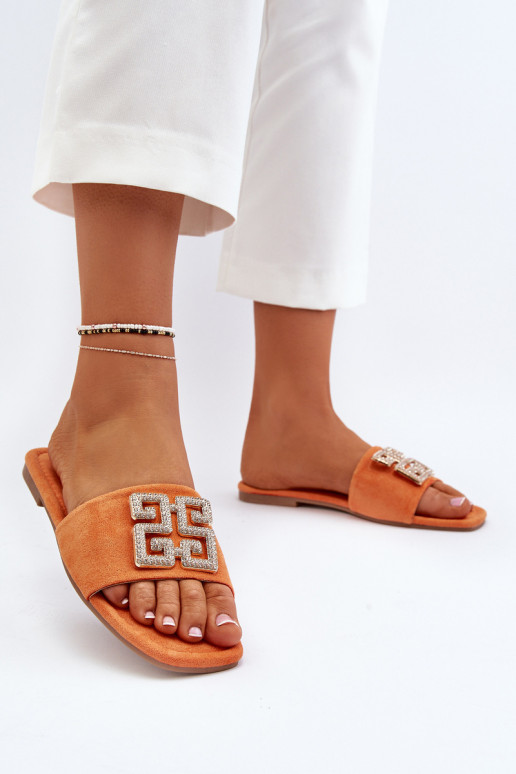 Zapatillas de casa de mujer con tacón ancho y adornos en color naranja Inaile