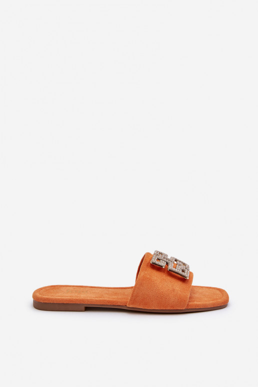 Zapatillas de casa de mujer con tacón ancho y adornos en color naranja Inaile