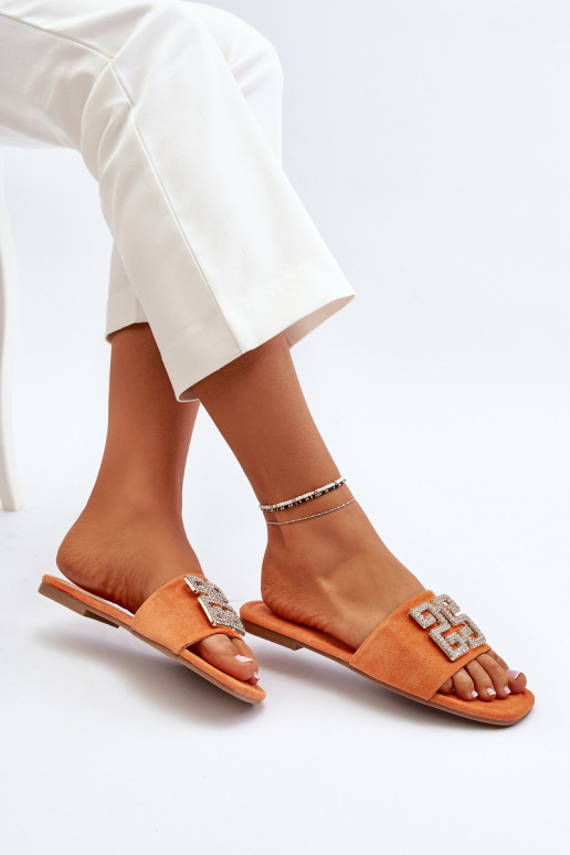 Zapatillas de casa de mujer con tacón ancho y adornos en color naranja Inaile