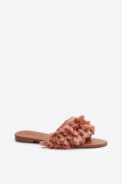 Pies planos Pantuflas de mujer con flecos en color rosa Rialle