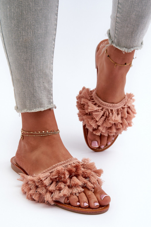 Pies planos Pantuflas de mujer con flecos en color rosa Rialle