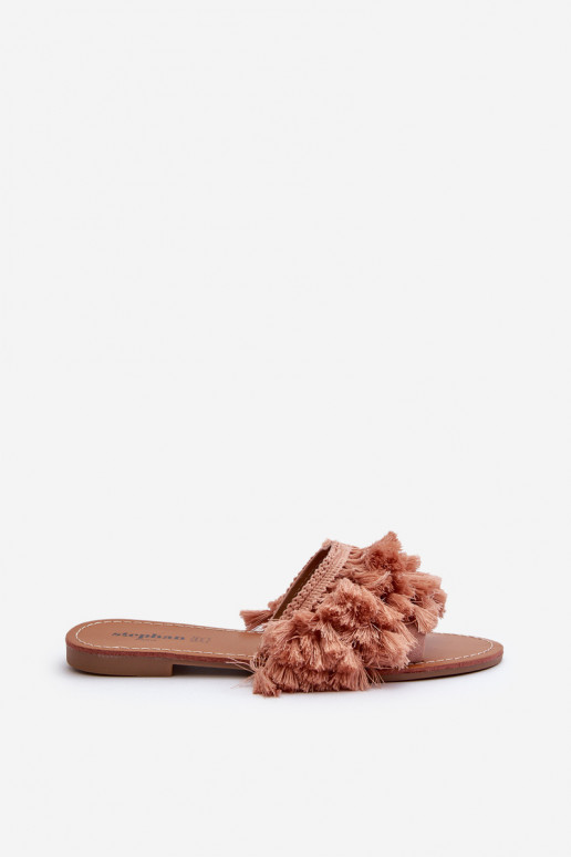 Pies planos Pantuflas de mujer con flecos en color rosa Rialle