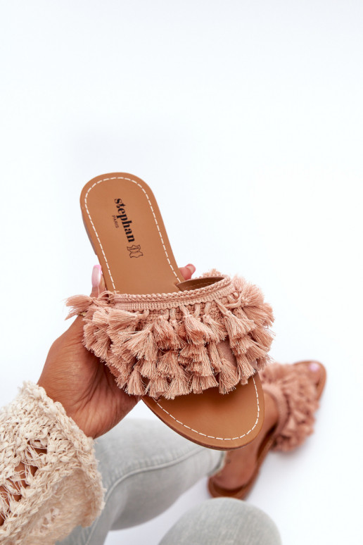 Pies planos Pantuflas de mujer con flecos en color rosa Rialle