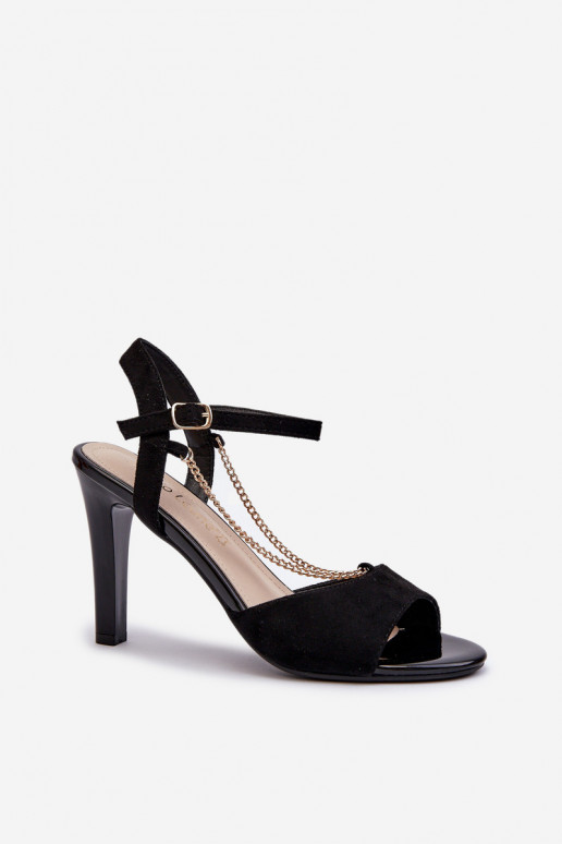 Sandalias de mujer con tacón fino confeccionadas en ante ecológico con cadenas Sergio Leone SK925 en color negro