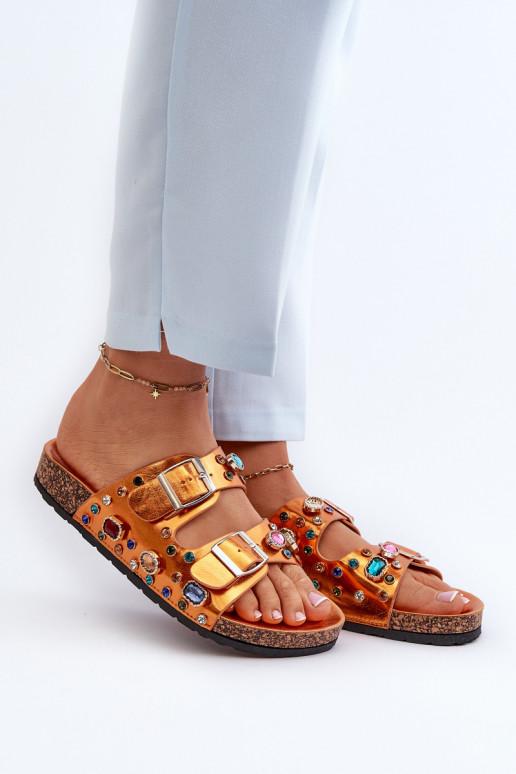 Pantuflas de mujer decoradas con hebillas S.Barski MY121 color naranja