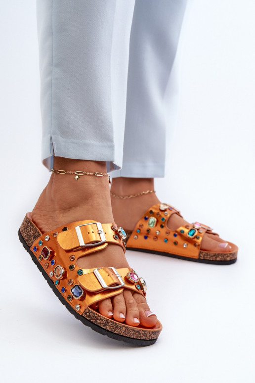 Pantuflas de mujer decoradas con hebillas S.Barski MY121 color naranja