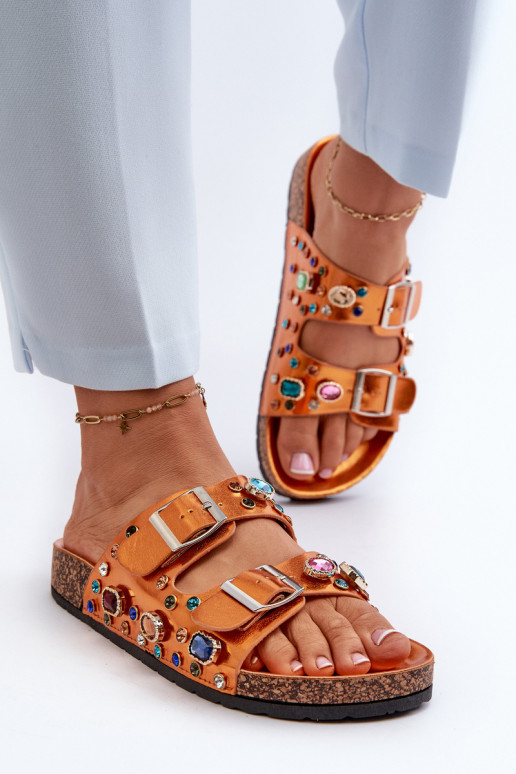 Pantuflas de mujer decoradas con hebillas S.Barski MY121 color naranja