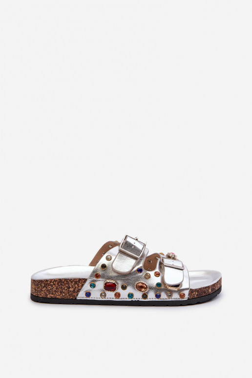 Pantuflas de mujer decoradas con hebillas S.Barski MY121 color plata Pantuflas de mujer decoradas con hebillas S.Barski MY121 color plata