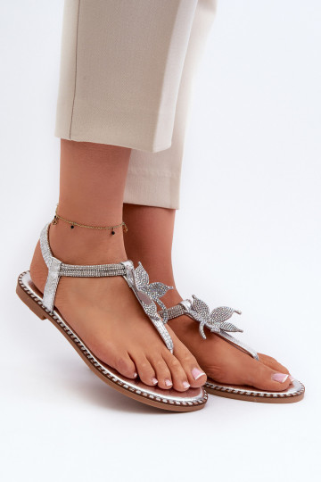 Sandalias planas para mujer con flores en color plateado Edoni