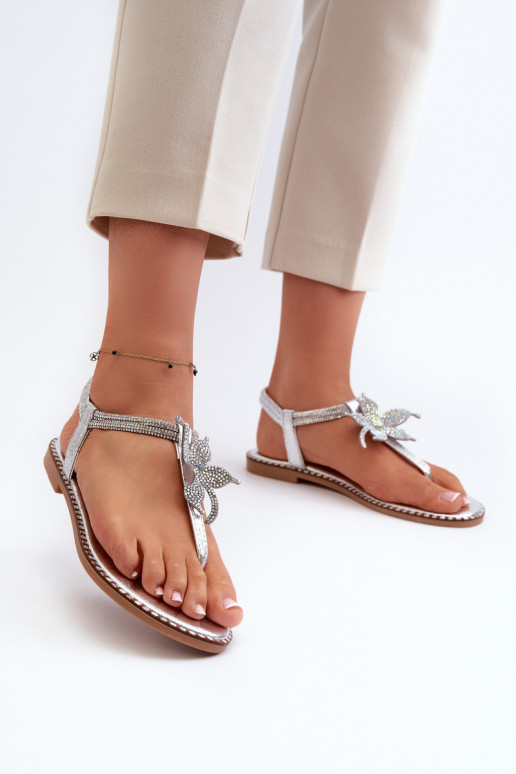 Sandalias planas para mujer con flores en color plateado Edoni