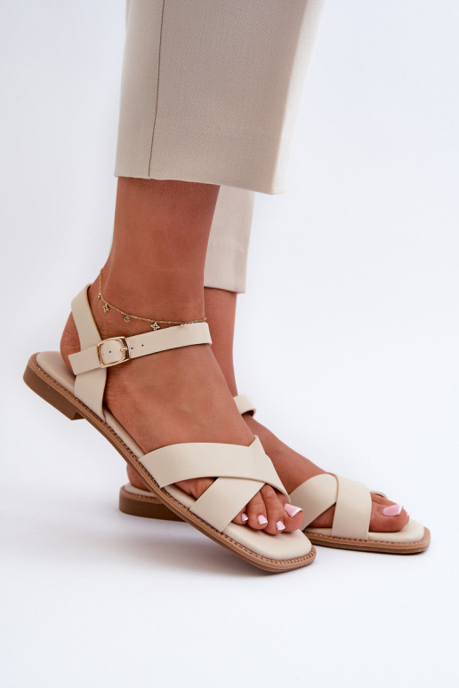 Sandalias planas para mujer fabricadas en piel ecológica S.Barski KV27-003 color beige