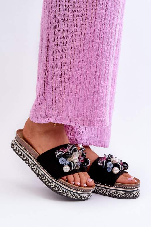 Chanclas de mujer con plataforma con bonitos detalles S.Barski HY077 color negro