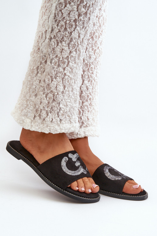 Pantuflas planas de mujer con escamas brillantes S.Barski KV27-052 color negro