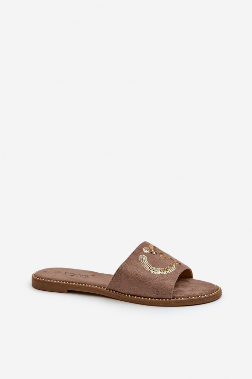 Pantuflas planas de mujer con escamas brillantes S.Barski KV27-052 color marrón