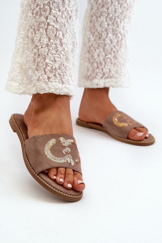 Pantuflas planas de mujer con escamas brillantes S.Barski KV27-052 color marrón