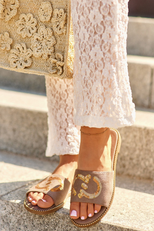 Pantuflas planas de mujer con escamas brillantes S.Barski KV27-052 color marrón