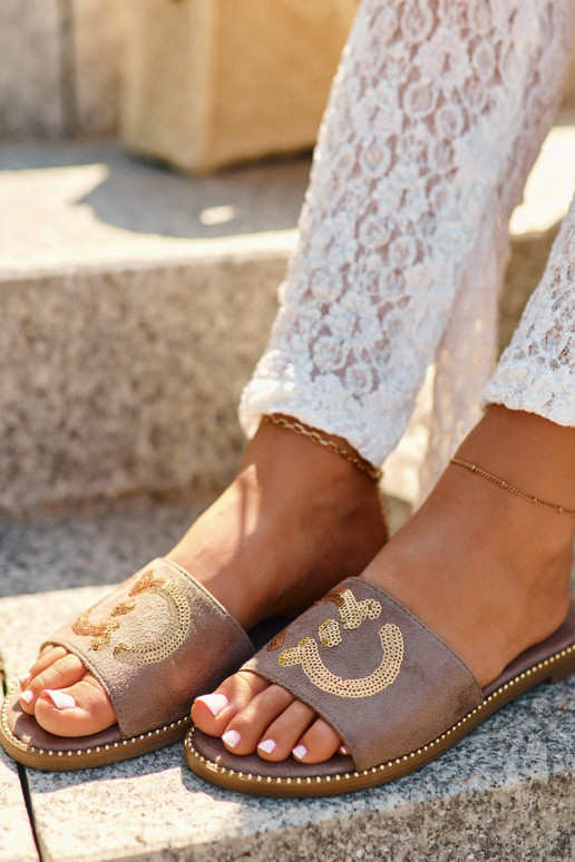 Pantuflas planas de mujer con escamas brillantes S.Barski KV27-052 color marrón