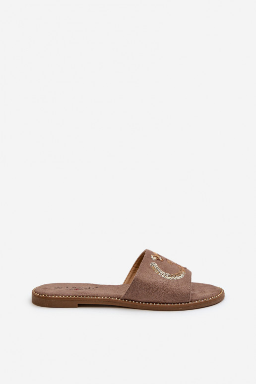 Pantuflas planas de mujer con escamas brillantes S.Barski KV27-052 color marrón