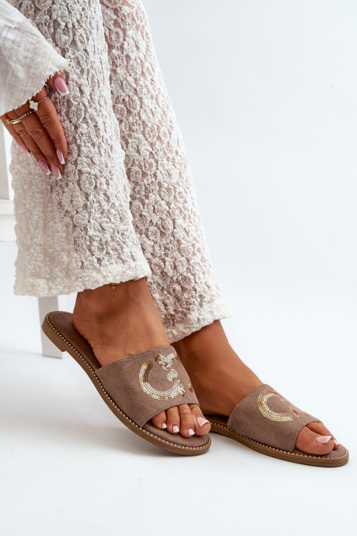 Pantuflas planas de mujer con escamas brillantes S.Barski KV27-052 color marrón