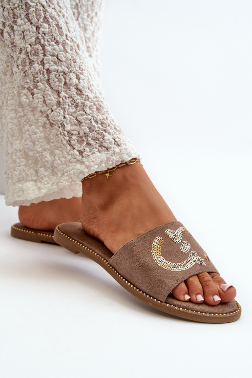 Pantuflas planas de mujer con escamas brillantes S.Barski KV27-052 color marrón