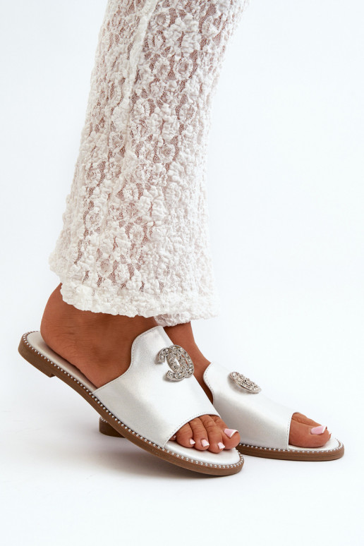 Zapatillas de casa de mujer estilo elegante con purpurina con adornos S.Barski KV27-050 color plata