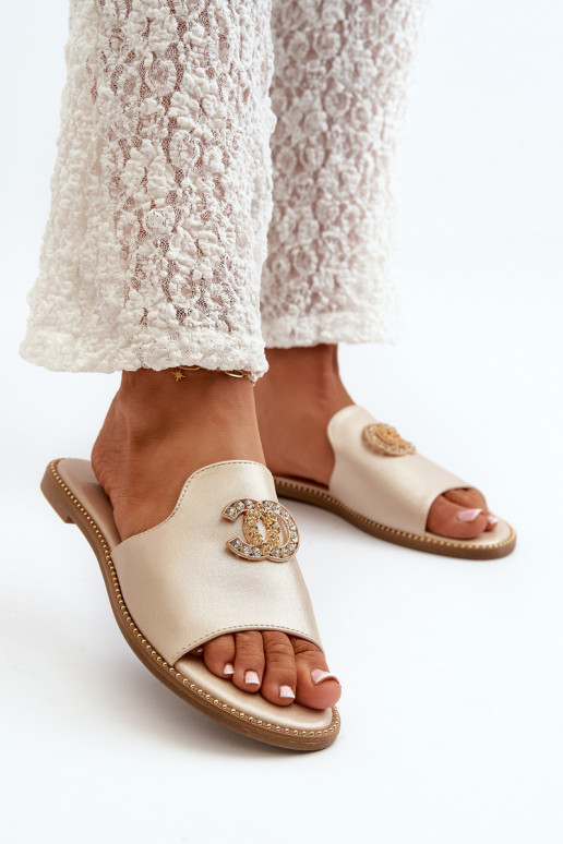 Pantuflas de mujer estilo elegante con purpurina con adornos S.Barski KV27-050 color dorado