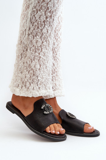 Zapatillas de casa de mujer estilo elegante con brillo con adornos S.Barski KV27-050 color negro 2