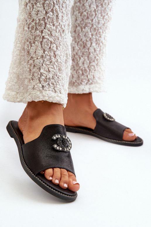 Zapatillas de casa de mujer estilo elegante con brillo con adornos S.Barski KV27-050 color negro