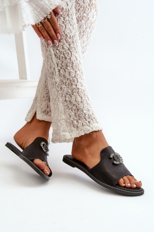 Zapatillas de casa de mujer estilo elegante con brillo con adornos S.Barski KV27-050 color negro