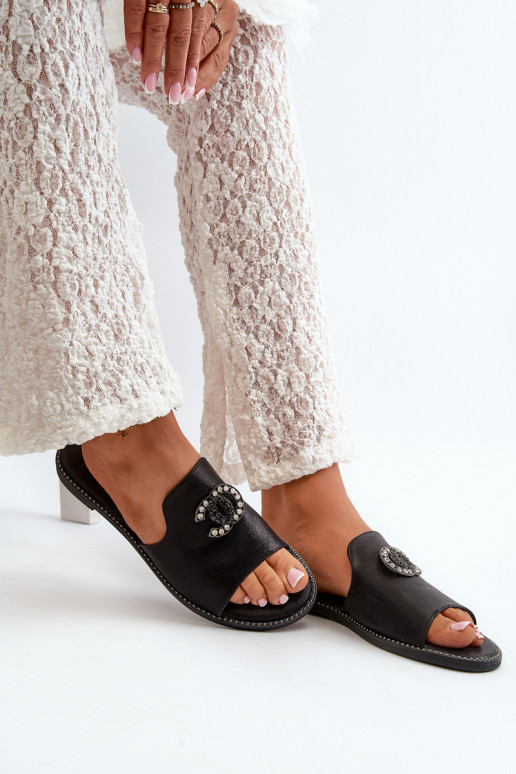 Zapatillas de casa de mujer estilo elegante con brillo con adornos S.Barski KV27-050 color negro