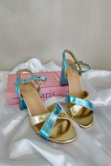 Sandalias elegantes de tacón alto en azul claro y dorado de cuero sintético con inscripción Abilica 2