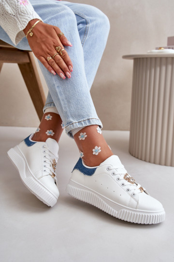 zapatillas de suela plana de cuero ecológico Z Przypinkami Blanco-color azul Cillione