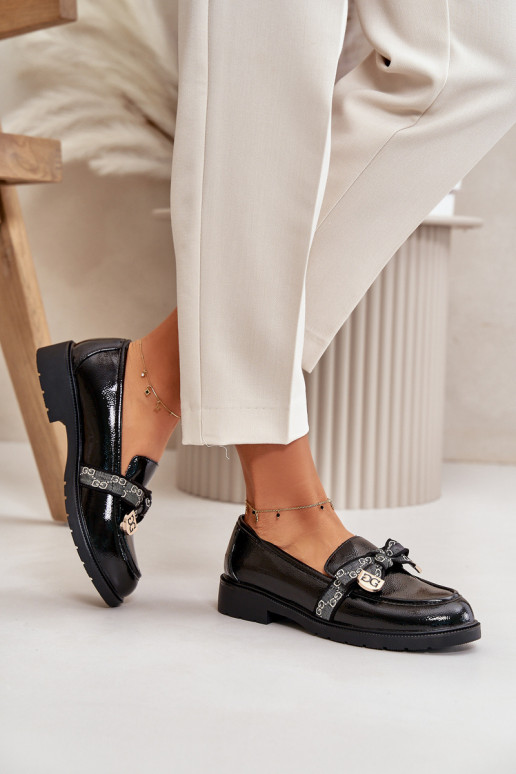 con efecto barniz Femenino Mocasines con cintas S.Barski HY42-331A de color negro