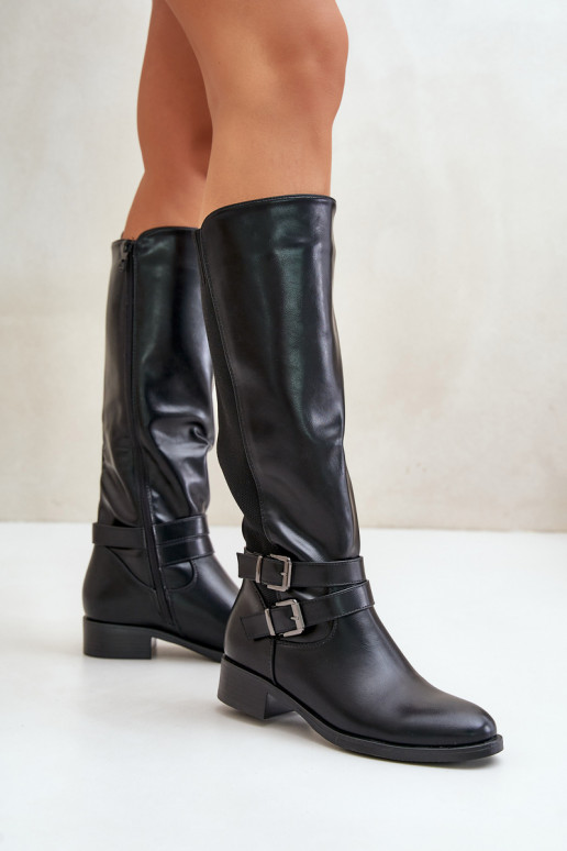 botas de mujer Contra el camino con tacones anchos con hebillas de color negro Lotina botas de mujer Contra el camino con tacones anchos con hebillas de color negro Lotina