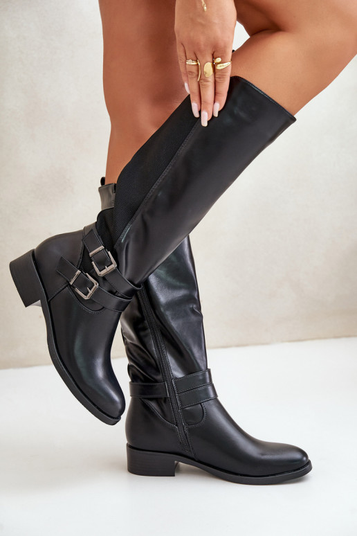 botas de mujer Contra el camino con tacones anchos con hebillas de color negro Lotina botas de mujer Contra el camino con tacones anchos con hebillas de color negro Lotina